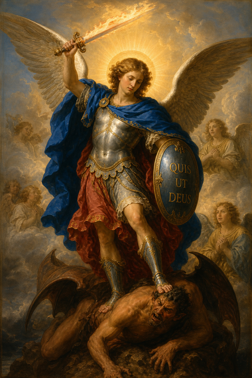 Pintura clássica de São Miguel Arcanjo, o príncipe dos exércitos celestes, derrotando o dragão com sua espada flamejante