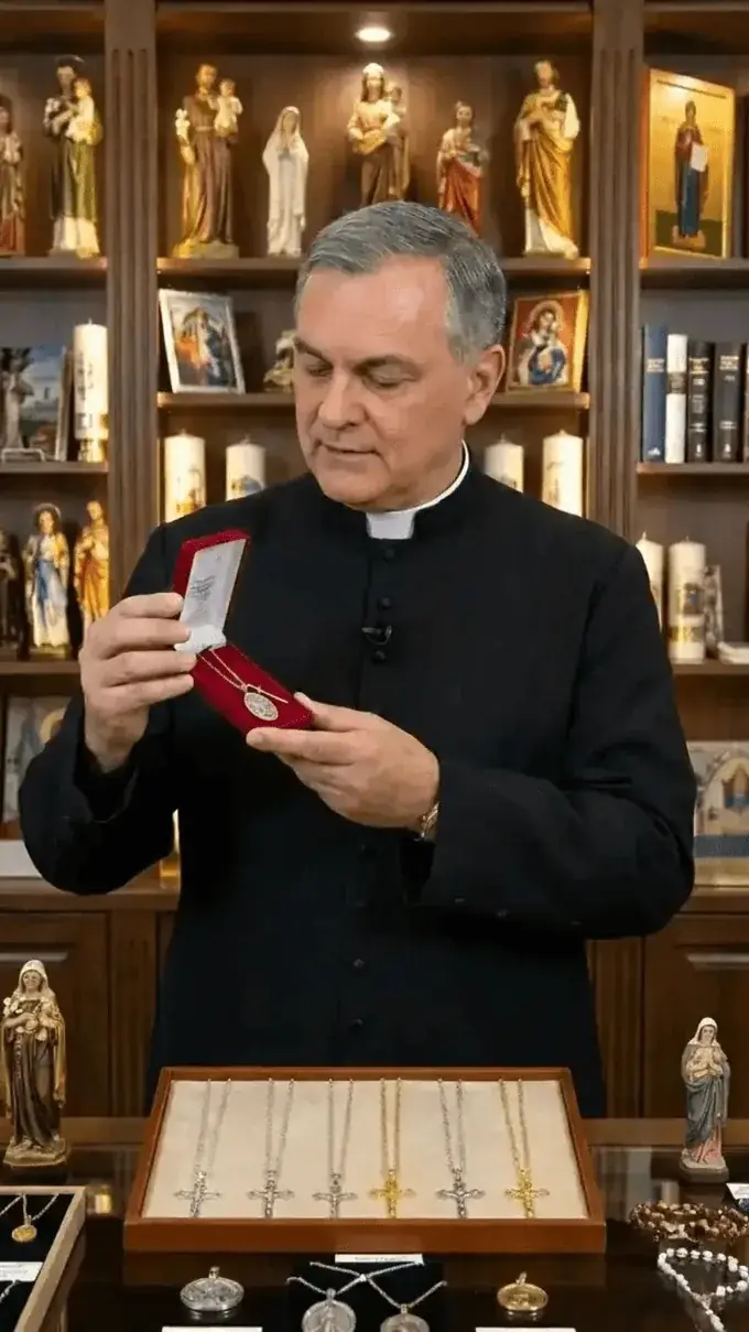 Padre apresentando o Colar de São Miguel Arcanjo original na Loja