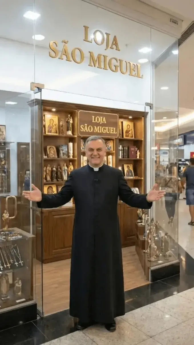 Padre na entrada da Loja São Miguel, autorizada e oficial