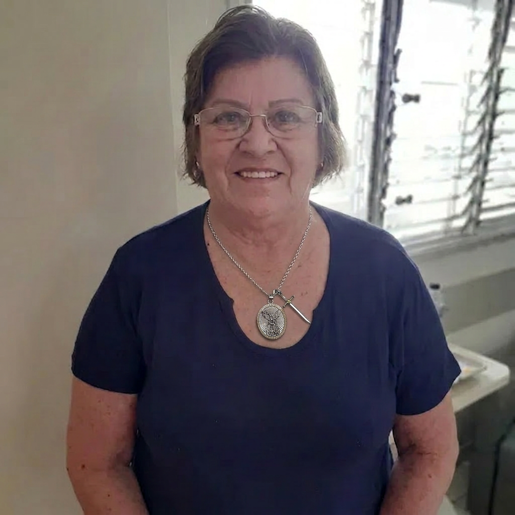 Dona Terezinha usando o Colar de São Miguel Arcanjo